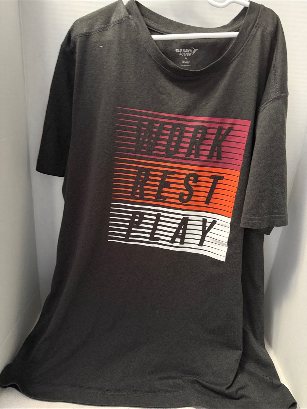 Old Navy Black Graphic 'Work Rest Play' Short-Sleeve Tee with Pink-Orange Accent